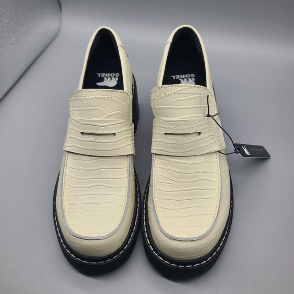 Sorel Joan Now City Women's Loafer Chalk Croc Leather Heel Platform Sz 8 NEW - Picture 3 of 8